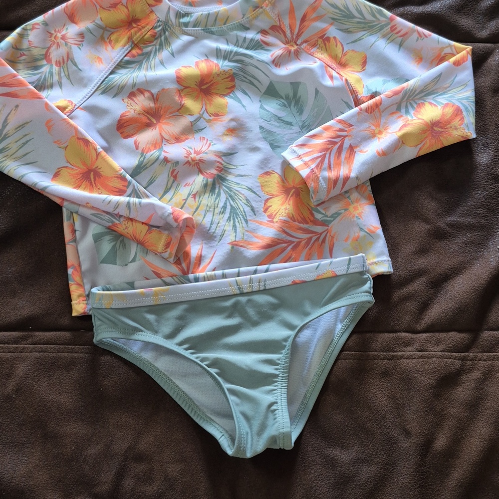 Nicole Miller Pink Strawberry Zip One-Piece with Aqua Floral Rash Guard Set, 2pc - Picture 7 of 10
